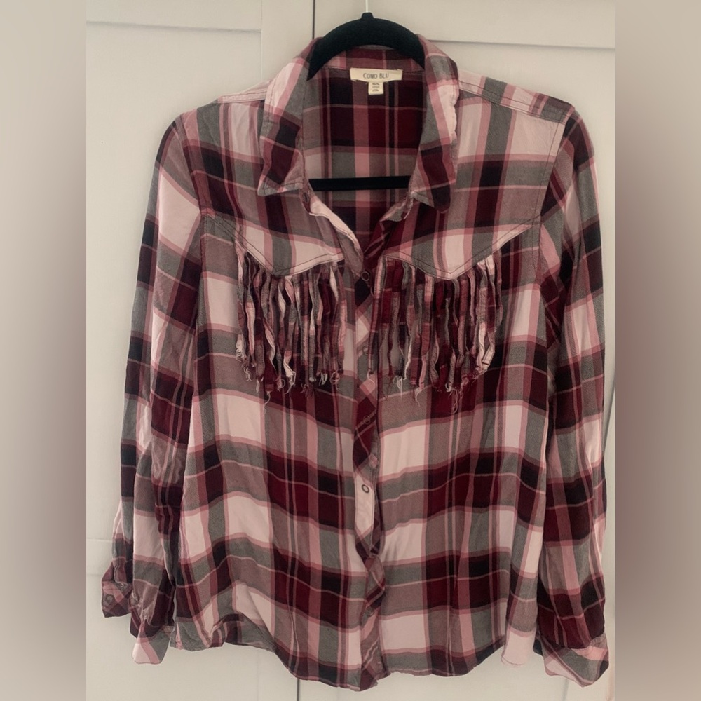 Como Blu Plaid Fringe Button-Up Shirt